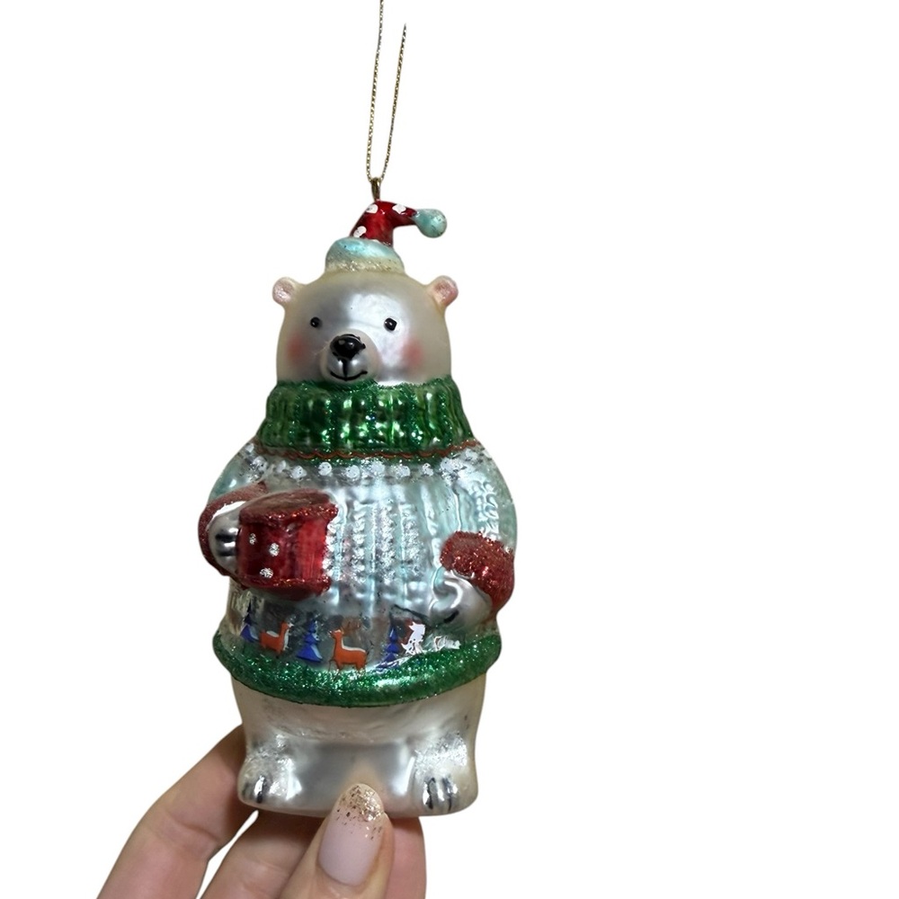 Festive Polar Bear Ornament with blue Sweater
